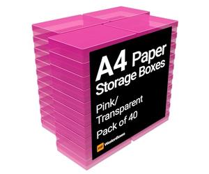 WestonBoxes A4 Colourful Transparent Plastic Craft Storage Boxes with Lids for Art Supplies, Paper and Card (Pink/Transparent, Pack of 40)