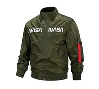 westtrend Men's Bomber Jacket NASA Logo Embroidered Casual Zip Stand Collar Bomber Jacket Outwear Dark Army Green