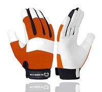 WESTWOOD FOX Gardening Working Gloves Garden Thorn Proof Flexible Heavy Duty Leather Mechanic Utility Dexterity Breathable Construction Gloves for Work Mens Women (Small, Orange)
