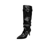 WESUF Knee High Boots Women Slouch Stiletto Heel Pointed Toe Buckle | Slouch Knee High Boots for Women 7.5cm Stiletto Heel Pointed Toe Double Buckle Pigskin Lining Black Apricot Cream