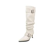 WESUF Knee High Boots Women Slouch Stiletto Heel Pointed Toe Buckle | Slouch Knee High Boots for Women 7.5cm Stiletto Heel Pointed Toe Double Buckle Pigskin Lining Black Apricot Cream