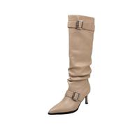 WESUF Knee High Boots Women Slouch Stiletto Heel Pointed Toe Buckle | Slouch Knee High Boots for Women 7.5cm Stiletto Heel Pointed Toe Double Buckle Pigskin Lining Black Apricot Cream