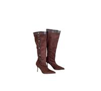 WESUF Knee High Boots Women Suede Stiletto Heel Pointed Toe Studs | Suede Knee High Boots for Women Pointed Toe Stiletto Heel 6 to 8 cm Stud Trim Contrast Panel Black Khaki Coffee