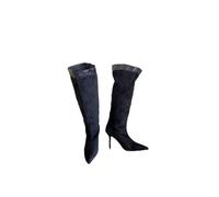 WESUF Knee High Boots Women Suede Stiletto Heel Pointed Toe Studs | Suede Knee High Boots for Women Pointed Toe Stiletto Heel 6 to 8 cm Stud Trim Contrast Panel Black Khaki Coffee