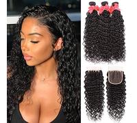 Wet and Wavy Bundles with Closure (10 12 14+10) 8A Unprocessed Water Wave Hair 3 Bundles 100% Virgin Brazilian Human Hair Bundles with Closure Can Be Dyed