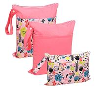 Wet Bag for Nappy with Zipper, Treer Reusable Waterproof Nappy Storage Bags Hanging Pockets for Baby Diaper, Travel, Beach, Swimwear, Pool, Daycare, Gym Bag - 3 PCS (Pink Flowers)