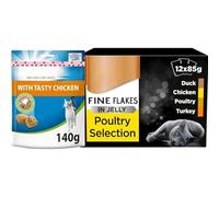 Wet Cat Food Fine Flakes in Jelly and Daily Oral Care Treats - 12 x 85g Fine Flakes Cat Food Pouches Poultry in Jelly bundled with Daily Oral Care Treats 140g