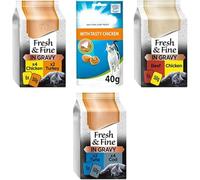 Wet Cat Food Fresh and Fine in Gravy - Cat Food Gravy (Pack of 3), 18 Pouches x 50g Chicken, Tuna, Cod, Beef, and Turkey Bundled with Treat Pouch for Adult Cats 40g