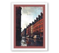 Wet City Street Modern Framed Wall Art Print A4 (29.7×21cm) White, Wall Decor for Living Room, Bedroom, Office & Home, Ready to Hang, Art Gift