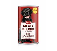 Wet Dog Food 1.2kg - Meaty Chunks in Gravy with Beef & Vegetables - Complete Balanced Tinned Grain Free Food for Adult - Nutritious, Sensitive Stomach High Protein Tin (6)