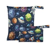 Wet Dry Bags for Diaper Bag Cartoon Comic Space Planet Rocket Cloth Diaper Hanging Wet Bags Waterproof Washable Organizer Pouch with Pocket for Travel Camping Beach