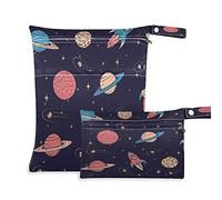 Wet Dry Bags for Diaper Bag Cartoon Planets Moon Rocket Pattern Cloth Diaper Hanging Wet Bags Waterproof Washable Organizer Pouch with Pocket for Travel Camping Beach