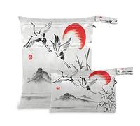 Wet Dry Bags for Diaper Bag Chinese Crane Sun Ink Painting Cloth Diaper Hanging Wet Bags Waterproof Washable Organizer Pouch with Pocket for Travel Camping Beach