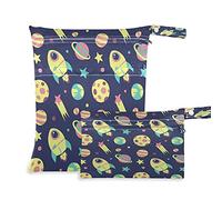 Wet Dry Bags for Diaper Bag Cute Rocket Planets Pattern Cloth Diaper Hanging Wet Bags Waterproof Washable Organizer Pouch with Pocket for Travel Camping Beach