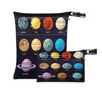 Wet Dry Bags for Diaper Bag Education Cartoon Solar System Planet Cloth Diaper Hanging Wet Bags Waterproof Washable Organizer Pouch with Pocket for Travel Camping Beach