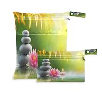 Wet Dry Bags for Diaper Bag Floral Japanese Zen Stone Lotus Cloth Diaper Hanging Wet Bags Waterproof Washable Organizer Pouch with Pocket for Travel Camping Beach