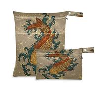 Wet Dry Bags for Diaper Bag Japanese Carp Fish Cloth Diaper Hanging Wet Bags Waterproof Washable Organizer Pouch with Pocket for Travel Camping Beach