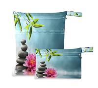 Wet Dry Bags for Diaper Bag Japanese Zen Stone Lotus Flower Cloth Diaper Hanging Wet Bags Waterproof Washable Organizer Pouch with Pocket for Travel Camping Beach