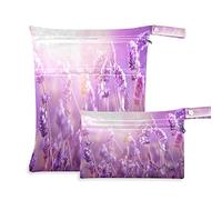 Wet Dry Bags for Diaper Bag Romantic Lavender Floral Cloth Diaper Hanging Wet Bags Waterproof Washable Organizer Pouch with Pocket for Travel Camping Beach