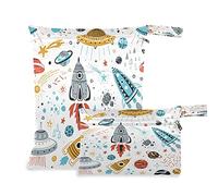 Wet Dry Bags for Diaper Bag Space Cartoon Rocket Planet UFOs Cloth Diaper Hanging Wet Bags Waterproof Washable Organizer Pouch with Pocket for Travel Camping Beach