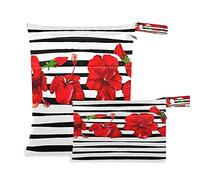 Wet Dry Bags for Diaper Bag Tropical Flower Floral Stripe Cloth Diaper Hanging Wet Bags Waterproof Washable Organizer Pouch with Pocket for Travel Camping Beach