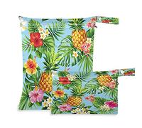 Wet Dry Bags for Diaper Bag Tropical Flower Pineapple Cloth Diaper Hanging Wet Bags Waterproof Washable Organizer Pouch with Pocket for Travel Camping Beach