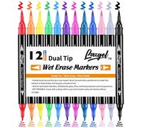 Wet Erase Markers Dual Tip, Lazgol 12 Assorted Colors, Dual Tip Brush & Fine Overhead Transparency Smudge Free Markers for Dry Erase Whiteboard, Refrigerator Calendars, Glass, Films and Any Kind of