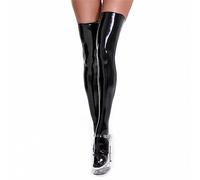 Wet Look Thigh High Stocking Hold-Up Socks for Women PU Faux Leather Elastic Shiny Tights Leg Warmers Legs Knee-High Novelty Socks Cosplay Lingerie Catsuit (as8, alpha, m, regular, regular, Black)