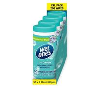 Wet Ones Be Gentle Canister, Plastic Free and Bio Degradable Antibacterial Hand Wipes, 200 wipes, 4 Canisters x 50 Wipes