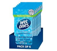 Wet Ones Cucumber Hand Wipes 6 Pack - 72 Wipes Plastic-Free Biodegradable Wipes Gentle on Skin Convenient for School Office Car Travel Everyday Fresh Cleaning
