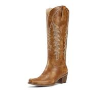 wetkiss Cowboy Boots for Women Knee High Cowgirl Boots Retro Embroidered Chunky Heels Pointed Toe Western Long Tall Boot Pull On, Brown, 4.5 UK