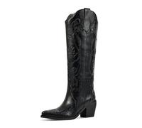 wetkiss Cowboy Boots for Women Knee High Cowgirl Boots, Western Boots with Floral Embroidered Pointed Toe Chunky Heel Pull On Retro Vintage Classic Tall Boots for Ladies, Classic Black Floral, 8 UK
