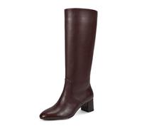 wetkiss Low Heel Knee High Boots for Women Regular Calf Friendly Side Zipper Almond Toe Faux Leather Comfortable Boots for Walking, Dancing, Standing for Long Periods With No Pain, Matte Burgundy, 4.5