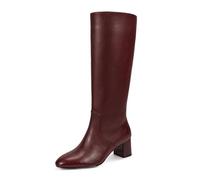 wetkiss Low Heel Knee High Boots for Women Regular Calf Friendly Side Zipper Almond Toe Faux Leather Comfortable Boots for Walking, Dancing, Standing for Long Periods With No Pain, Matte Burgundy, 6