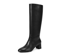 wetkiss Low Heel Knee High Boots for Women Regular Calf Friendly Side Zipper Almond Toe Faux Leather Comfortable Boots for Walking, Dancing, Standing for Long Periods With No Pain, Matte Black, 5.5 UK