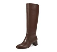wetkiss Low Heel Knee High Boots for Women Regular Calf Friendly Side Zipper Almond Toe Faux Leather Comfortable Boots for Walking, Dancing, Standing for Long Periods With No Pain, Matte Brown, 7 UK