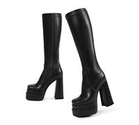 WETKISS Stacked Platform Knee High Boots for Women, Chunky High Heeled Black PU Leather Boots Square Toe Side Zip Stretch Go-Go Boot, B-matte Black, 7 UK