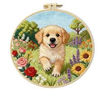 Wetopee DIY Dog Embroidery Hoop Kit for Beginners, Full Cross Stitch Set with Printed Pattern, Thick Thread & Embroidery Hoop, Craft Supplies for Dog Lovers Including Punch Needle Guide (Gold)