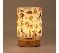 Wetry Kids Night Light, Rechargeable Bedside Lamp, Animals Motif, Cylinder | Touch Dimmable, 3 Colour Temperatures, Wooden Base, Fabric Shade, Cordless, Toddlers Room Table Lamp, Safari Animals Motif
