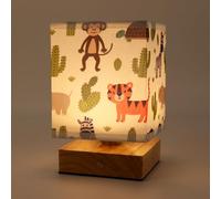 Wetry Kids Night Light, Rechargeable Bedside Lamp, Animals Motif, Rectangle | Cordless, Touch Dimmable, 3 Colour Temperatures, Wooden Base, Fabric Shade, Compact, Safari Animals Pattern Lamp