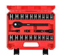 WETT 24 Piece 1/2" Drive Impact Socket Set, Shallow Socket Wrench Set, SAE/Metric (7/16"-1", 13mm-24mm), 72 Teeth Quick Release Ratchet Handle, Adapter and Extension Bar