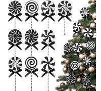 Wettarn 10 Pcs, 8.7 Inch Lollipop Candy Christmas Tree Picks with Ribbon Christmas Decorations for Xmas Tree Topper Home Vase Party Ornaments (Black White)