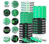 Wettarn 100 Pcs Mental Health Awareness Month Gifts Include 50 Pcs Mental Health Bracelet Green Motivational Wristbands with 50 Mental Healthy Pin Love Your Mind Button Pins for Women Men Adults