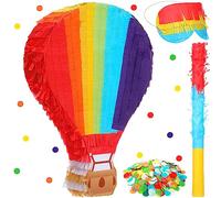 Wettarn 16" x 11" Rainbow Hot Air Balloon Pinata Birthday Party Colorful Pinata with Stick, Paper Blindfold and Confetti for Kids Girls Boys Birthday Baby Shower Party Supplies