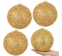 Wettarn 4 Gold Extra Large Christmas Ornaments 6'' Oversized Sparkly Tinsel Christmas Tree Balls with Hanging Caps Giant Shiny Shatterproof Holiday Decorations for Outdoor Xmas Tree Party Decor