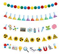 Wettarn 5 Pieces Science Party Decorations Banner Science Birthday Party Decorations Felt Ball Garland Colorful Pom Pom Chemistry Lab Hanging Garland Banner for Home