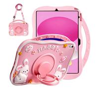 Weuiean 3D Cartoon-Themed Shockproof Silicone Case for iPad A16 11th/10th Gen 11"/10.9", with Adjustable Shoulder Strap & Stand | for Women Girls Girly Boys Teens | Pink Rabbit