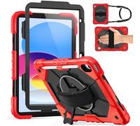 Weuiean Case for iPad A16 11th/10th Generation 11"/10.9", Military-Grade Heavy-Duty Shockproof Cover with 360° Rotating Stand, Built-in Pencil Holder & Adjustable Hand/Shoulder Strap - Red+Black