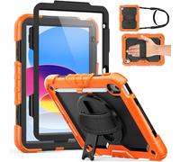 Weuiean Case for iPad A16 11th/10th Generation 11"/10.9", Military-Grade Heavy-Duty Shockproof Cover with 360° Rotating Stand, Built-in Pencil Holder & Adjustable Hand/Shoulder Strap - Black+Orange