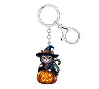 WEVENI Acrylic Black Cat Keychain Halloween Pumpkin Witch Hat Key Chain Accessories Witchy Charms Cat Lover Gifts for Women (Grey)